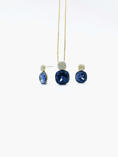 Classic Square Zinc Alloy Glass Stone Blue Earring and Necklace Set