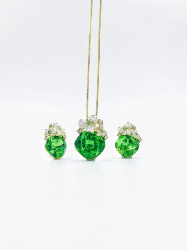 Green Zinc Alloy Dainty Square  Glass Stone Champagne Enamel Earring and Necklace Set