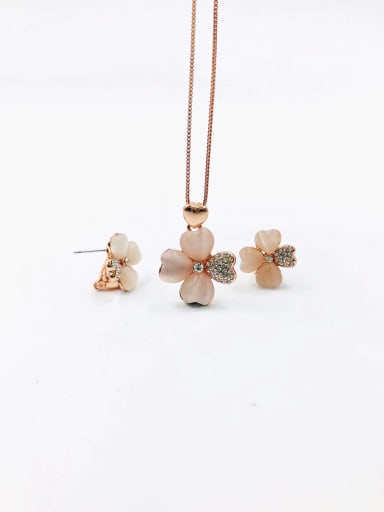 Rose Zinc Alloy Trend Clover Cats Eye White Earring and Necklace Set