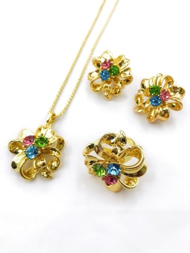 custom Trend Flower Zinc Alloy Rhinestone Multi Color Earring Ring and Necklace Set