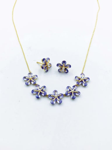 Purple Brass Dainty Flower Cubic Zirconia Purple Earring and Necklace Set