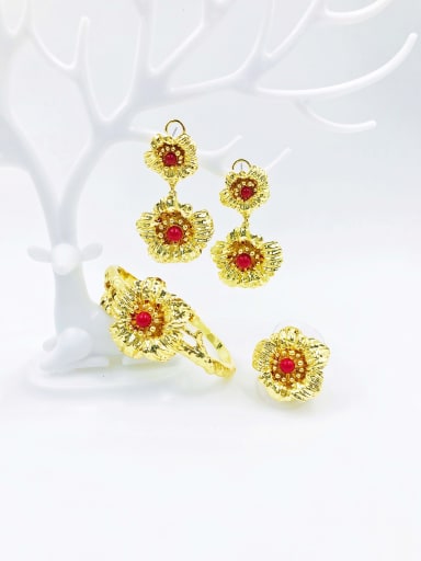 gold+red bead Zinc Alloy Trend Flower Bead Red Ring Earring And Bracelet Set
