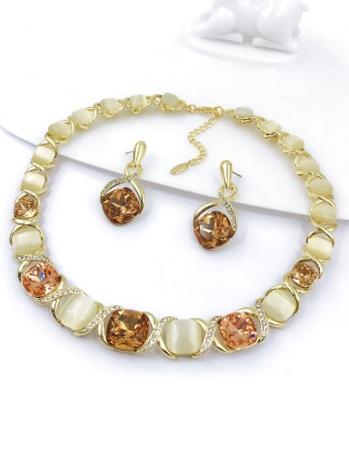 gold+brown&peach glass+white cat eye Trend Square Zinc Alloy Glass Stone Blue Earring and Necklace Set