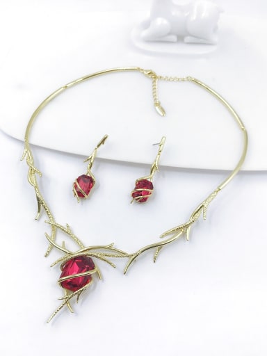 gold+red glass stone Trend Irregular Brass Glass Stone Red Earring and Necklace Set