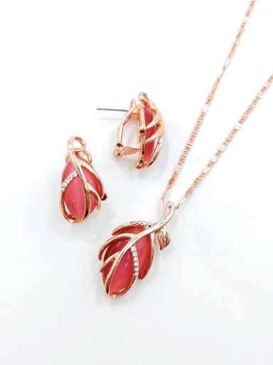 Red Trend Leaf Zinc Alloy Cats Eye White Earring and Necklace Set