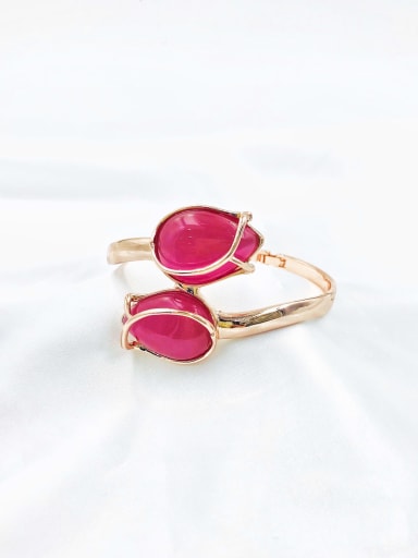 rose gold+red stone Zinc Alloy Cats Eye White Flower Trend Band Bangle