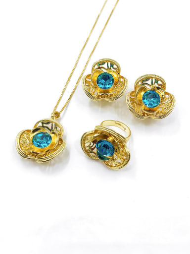 custom Trend Flower Zinc Alloy Glass Stone Blue Earring Ring and Necklace Set