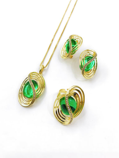 custom Trend Irregular Zinc Alloy Resin Green Earring Ring and Necklace Set