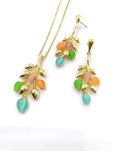 custom Trend Leaf Zinc Alloy Cats Eye Multi Color Earring and Necklace Set