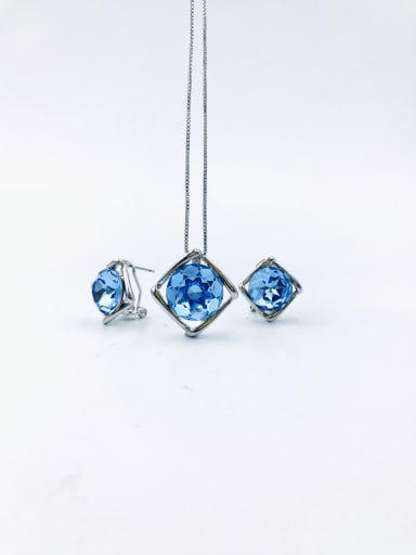 imitation rhodium+light blue glass Minimalist Square Zinc Alloy Glass Stone Blue Earring and Necklace Set
