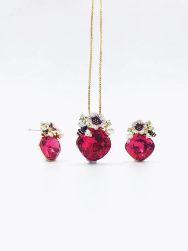 gold+red glass stone Zinc Alloy Dainty Square Glass Stone Red Enamel Earring and Necklace Set