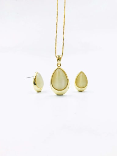 Gold Zinc Alloy Trend Water Drop Cats Eye White Earring and Necklace Set