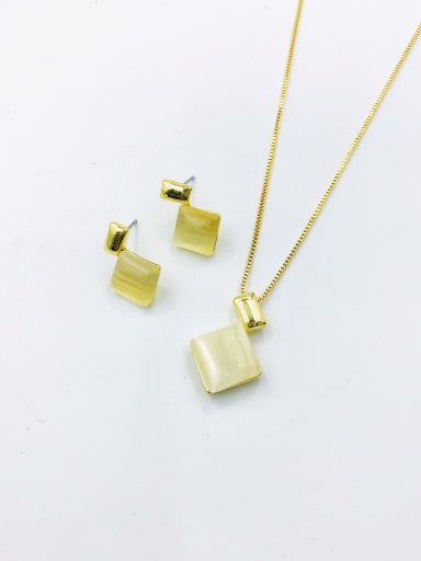 Gold Zinc Alloy Minimalist Square Cats Eye White Earring and Necklace Set