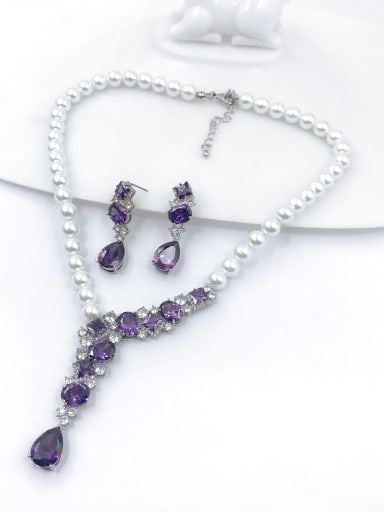 Purple Trend Brass Cubic Zirconia Purple Earring and Necklace Set