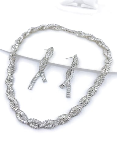 imitation rhodium Luxury Brass Cubic Zirconia White Earring and Necklace Set