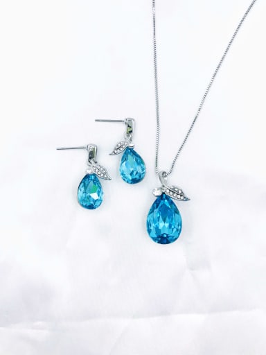 Imitation rhodium+sea blue Dainty Water Drop Zinc Alloy Glass Stone Blue Earring and Necklace Set