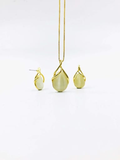 gold+white cat eye Zinc Alloy Trend Water Drop Cats Eye White Earring and Necklace Set