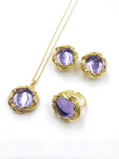 custom Trend Leaf Zinc Alloy Resin Purple Earring Ring and Necklace Set