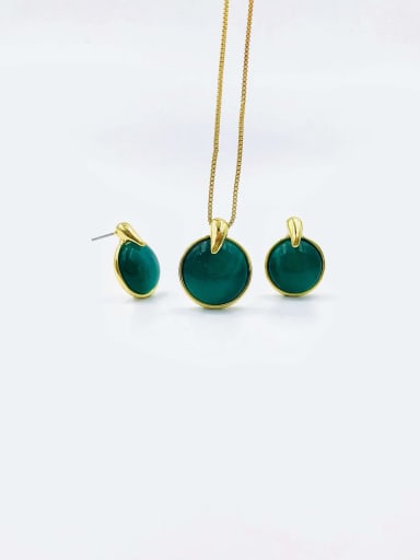 gold+green cat eye Zinc Alloy Minimalist Round Cats Eye White Earring and Necklace Set