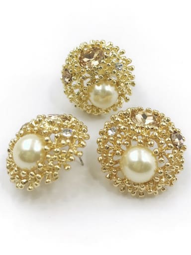 yellow pearl+golden&brown&white stone Trend Round Zinc Alloy Imitation Pearl White Ring And Earring Set