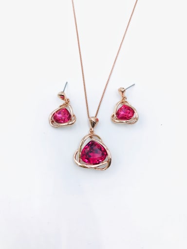 rose gold+red glass Minimalist Zinc Alloy Glass Stone Blue Earring and Necklace Set