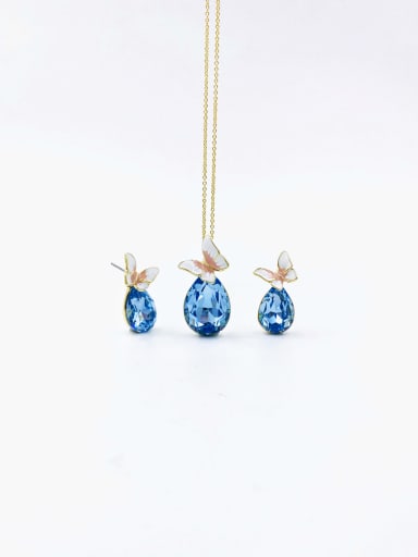 gold+blue stone Dainty Butterfly Zinc Alloy Glass Stone Purple Enamel Earring and Necklace Set