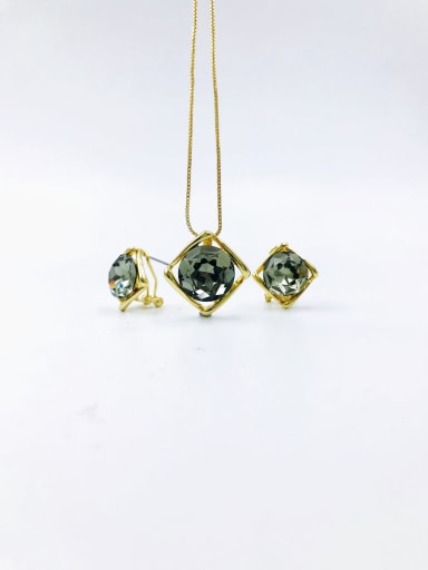 gold+grey glass Minimalist Square Zinc Alloy Glass Stone Blue Earring and Necklace Set