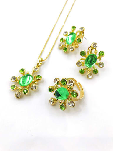 custom Trend Flower Zinc Alloy Resin Green Earring Ring and Necklace Set