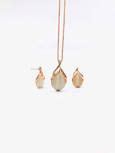 rose gold+white cat eye Zinc Alloy Trend Water Drop Cats Eye White Earring and Necklace Set