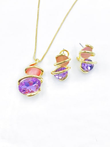 custom Zinc Alloy Trend Irregular Glass Stone Purple Earring and Necklace Set