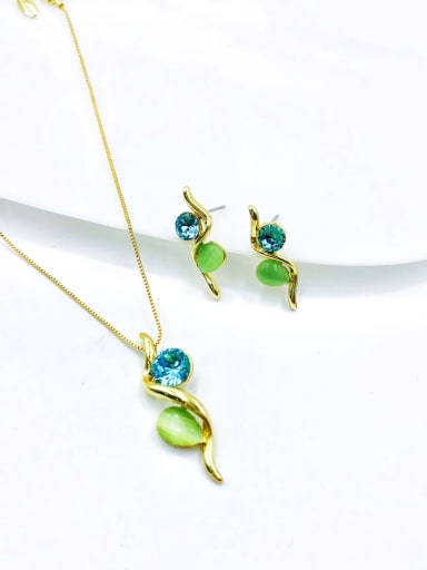 gold+blue glass+green cat eye stone Zinc Alloy Minimalist Water Drop Cats Eye Green Earring and Necklace Set
