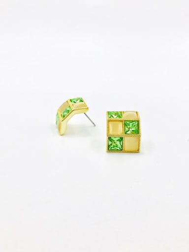 Brass Glass Stone Green Square Trend Stud Earring