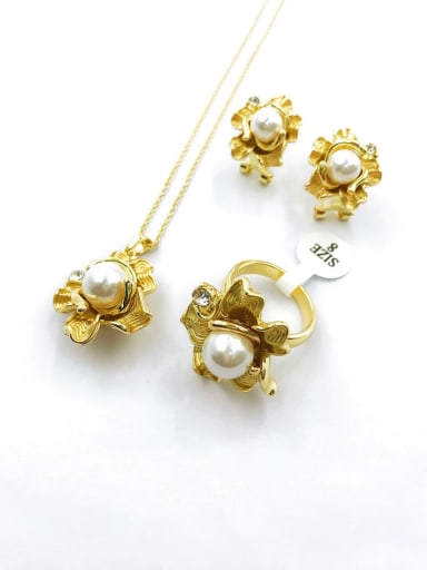 custom Classic Flower Zinc Alloy Imitation Pearl White Earring Ring and Necklace Set