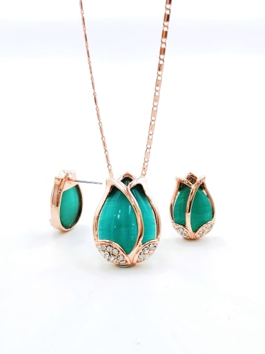 Green Classic Flower Zinc Alloy Cats Eye White Earring and Necklace Set