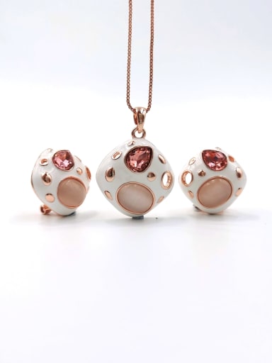 rose gold+red glass stone Trend Geometric Zinc Alloy Cats Eye White Enamel Earring and Necklace Set