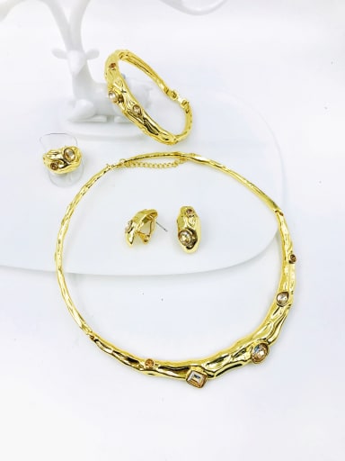 gold+champagne&brown stone Zinc Alloy Trend Irregular Glass Stone White Ring Earring Bangle And Necklace Set