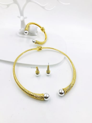gold+imitation rhodium Zinc Alloy Trend Bead Gold Bangle Earring and Necklace Set