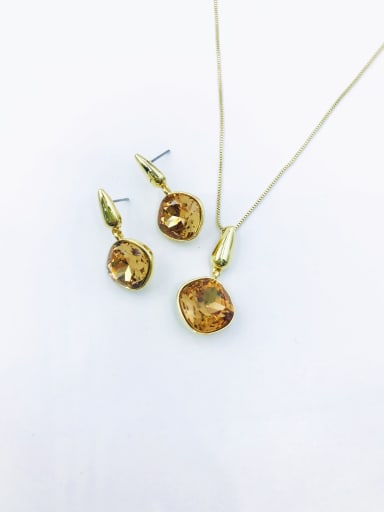 Minimalist Square Zinc Alloy Glass Stone Brown Earring and Necklace Set