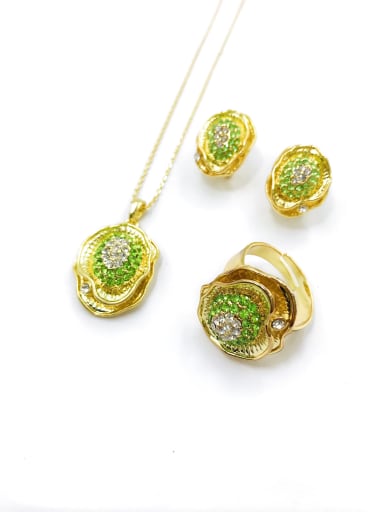 custom Trend Flower Zinc Alloy Rhinestone Green Earring Ring and Necklace Set