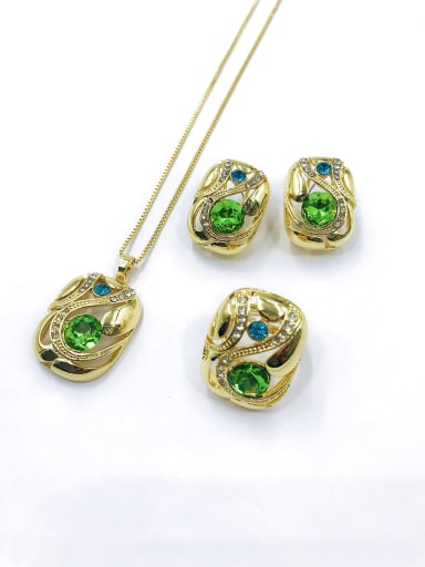 custom Trend Rectangle Zinc Alloy Glass Stone Green Earring Ring and Necklace Set