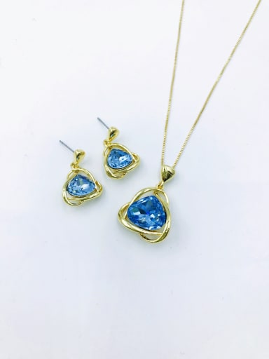 gold+light blue glass Minimalist Zinc Alloy Glass Stone Blue Earring and Necklace Set