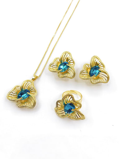 custom Trend Flower Zinc Alloy Glass Stone Blue Earring Ring and Necklace Set