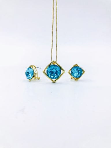 gold+blue glass Minimalist Square Zinc Alloy Glass Stone Blue Earring and Necklace Set