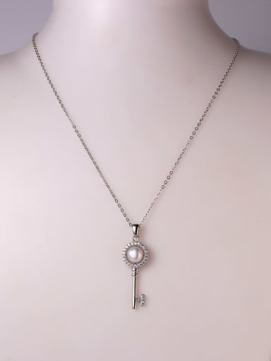925 Sterling Silver Freshwater Pearl White Key Minimalist Lariat Necklace