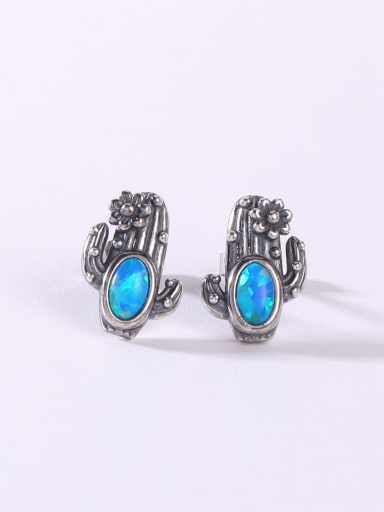 custom 925 Sterling Silver Synthetic Opal Multi Color Cactus Minimalist Stud Earring