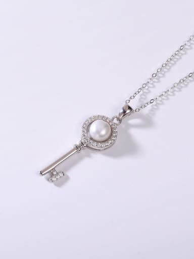 925 Sterling Silver Freshwater Pearl White Key Minimalist Lariat Necklace