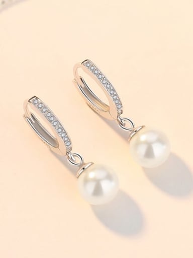 White 925 Sterling Silver Imitation Pearl Minimalist Hoop Earring