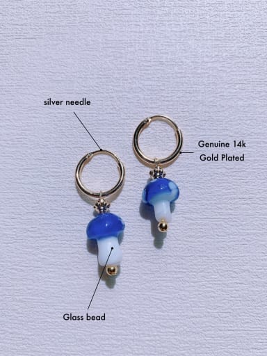 ER-087-Blue Brass Enamel Mushroom Minimalist Handmade Beaded  Huggie Earring