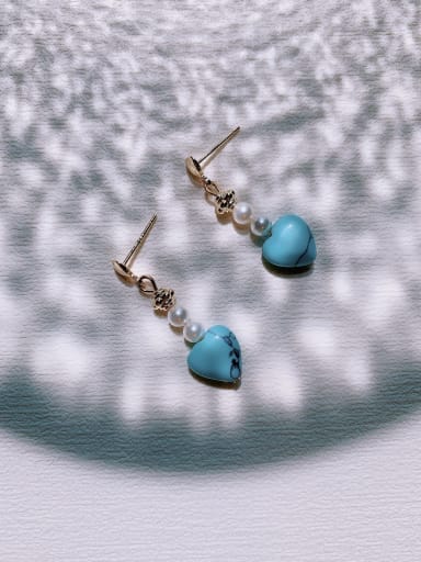Brass Turquoise Heart Vintage Handmade Beaded Drop Earring
