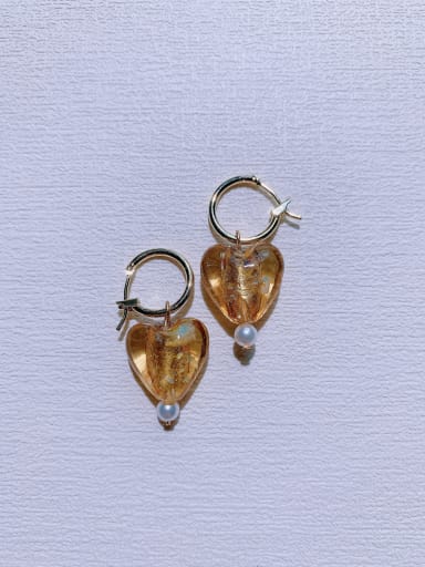 ER-105 Brass Glass beads Heart Minimalist  Handmade Beaded  Huggie Earring